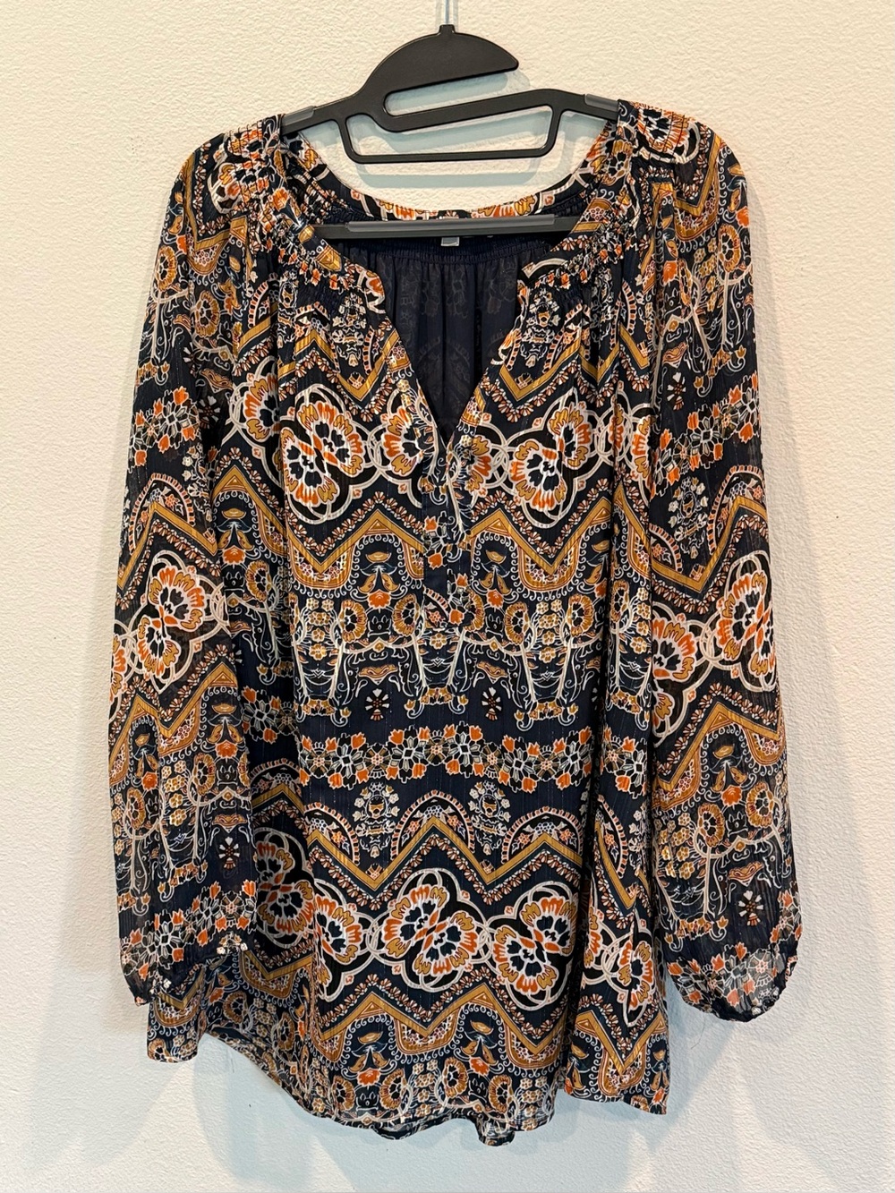 Daniel Rainn Boho Peasant Blouse Floral Geometric Pattern Women’s 1X Long Sleeve